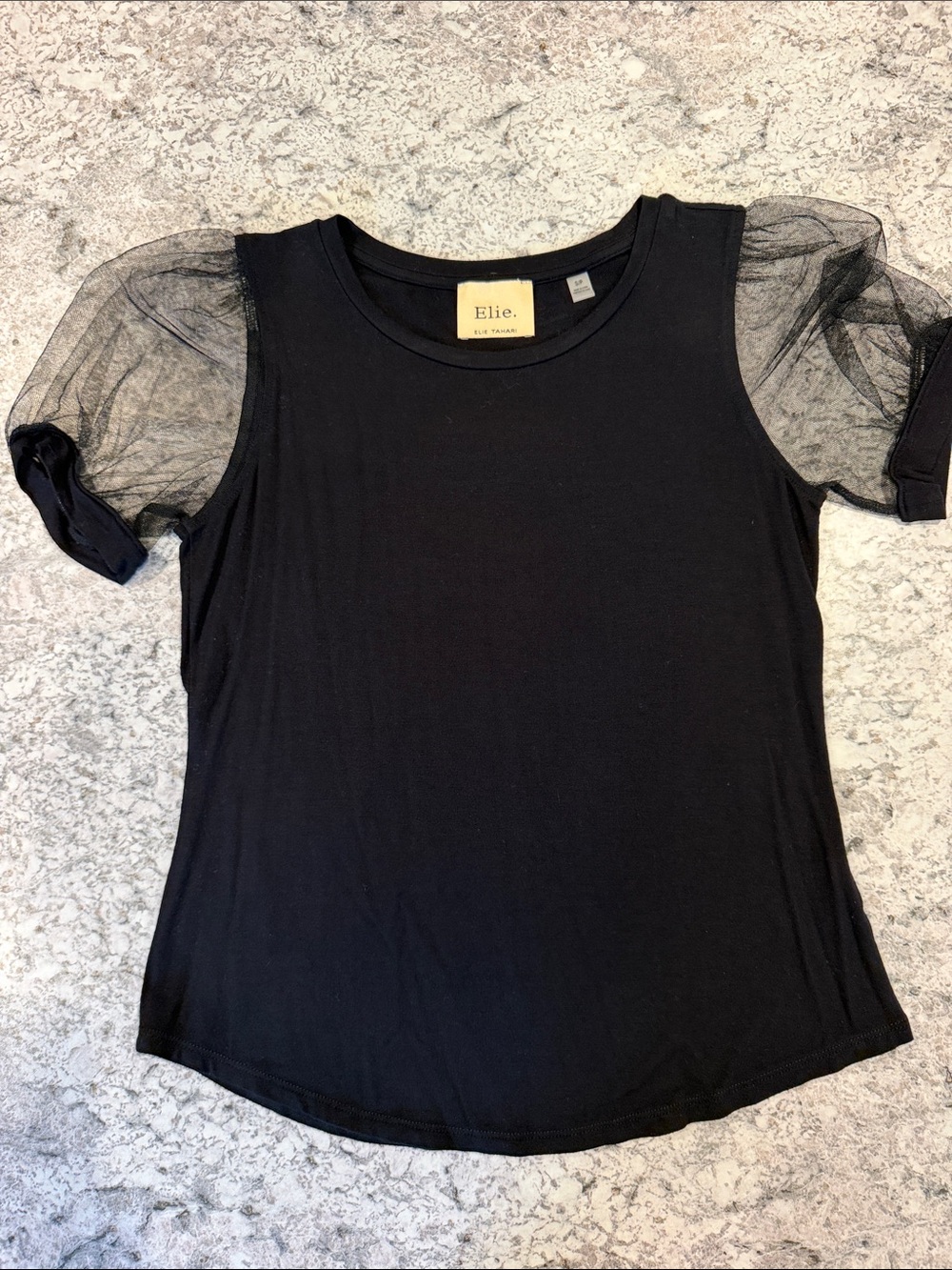 Elie Tahari Black Short Sleeve Top with Sheer Puff Sleeves